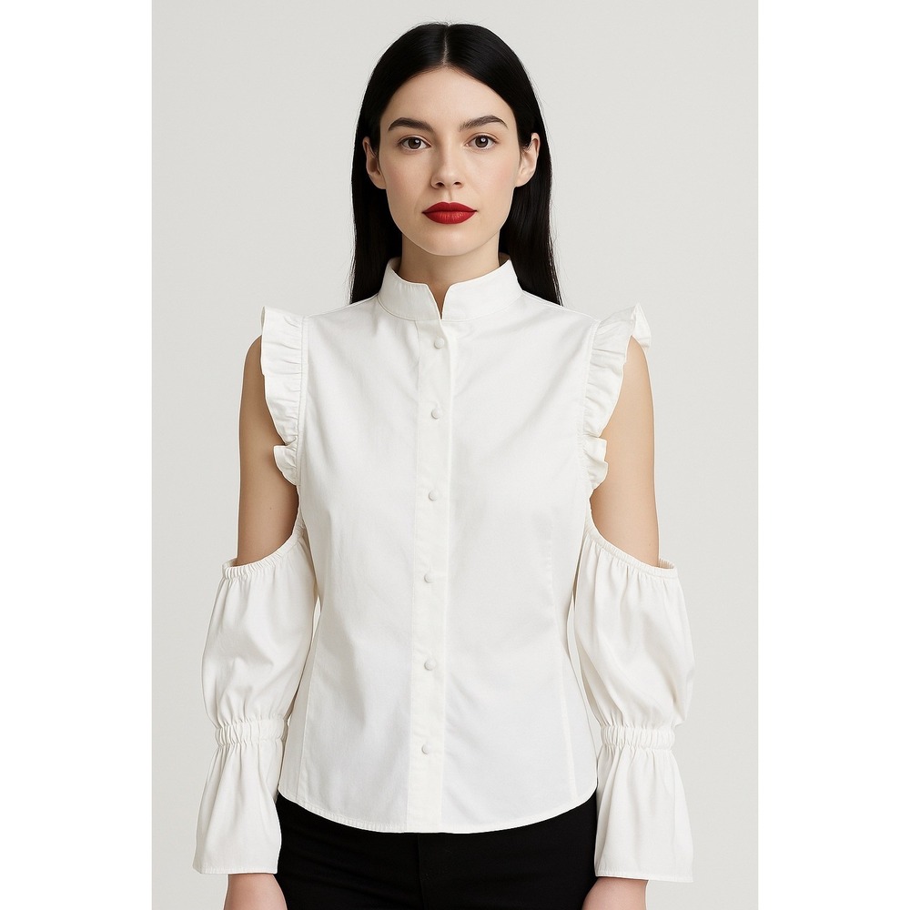 Stand White Cold Shoulder Ruffle Blouse Size S 100% Cotton